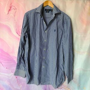 Polo by Ralph Lauren M 16 34/35 Blue Striped Button Down Shirt Preppy Luxury